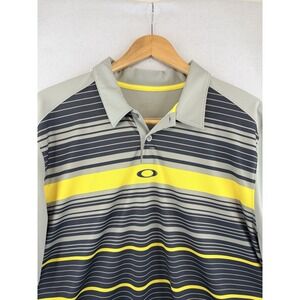 Oakley Mens XL Regular Fit Gray Yellow Striped Design Short Sleeve Golf Polo